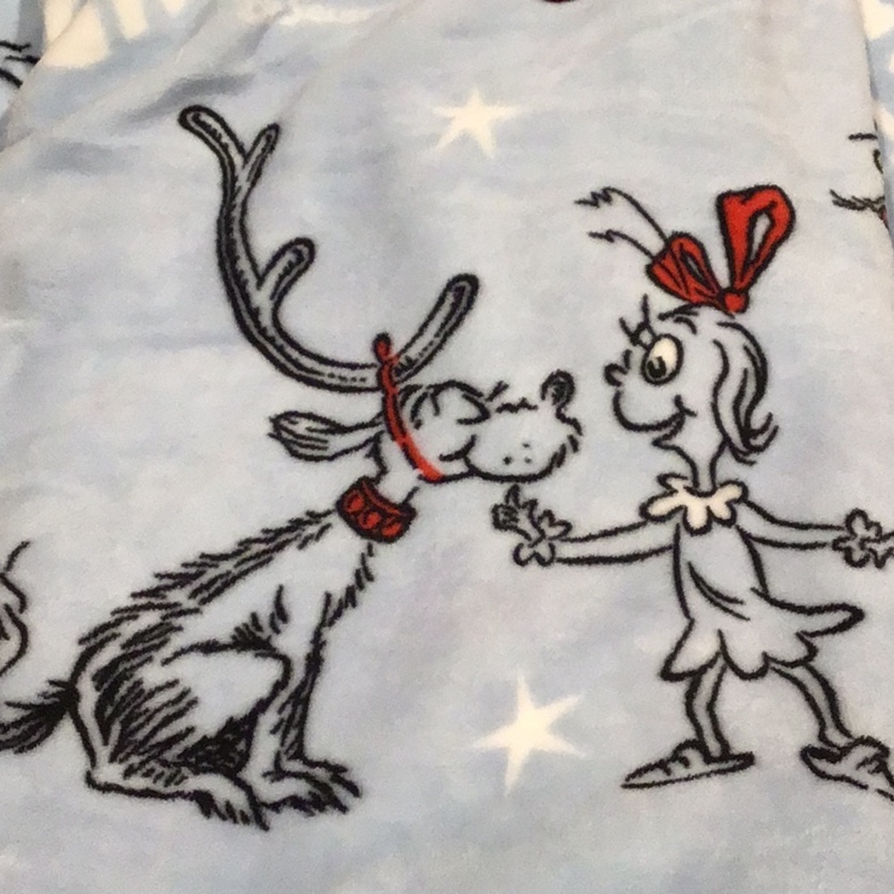 Grinch light blue Holiday throw blanket size 50x70. Has Cindy Lou, Max Grinch